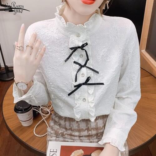 2021 Fall White Stand Collar Blouses Female Elegant Casual Lace Chiffon Shirts Woman Long Sleeve Solid Chic Woman Blouses 16237