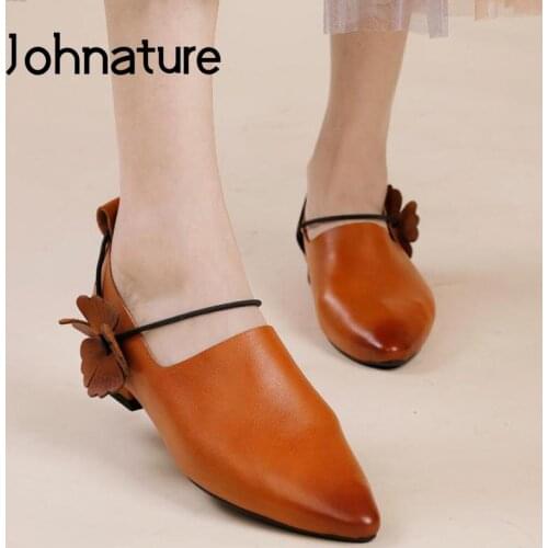 Johnature Genuine Leather Pointed Toe Pumps Women Shoes Retro 2021 New Autumn Handmade Concise Sewing Casual Ladies Shoes