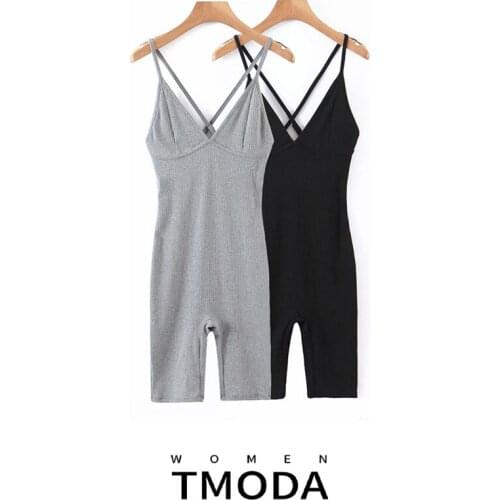 TMODA550 Za 2021 Women Vintage Solid V Neck Knit Black Gray Playsuits Elastic Waist Rompers Ladies Casual Chic Jumpsuits