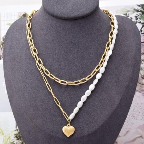 316L Stainless Steel New Fashion Upscale Jewelry 2 Layer Love Heart Pearl Charms Thick Chain Choker Necklaces Pendants For Women