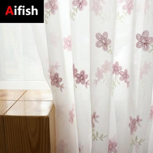 Korean Pastoral Pink Flower Embroidery Tulle Curtains Window Screen Sheer Voile Decor Living Room Kitchen Treatment Blind 3