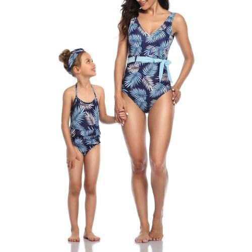 Mom-Daughter Swimming Bodysuit Leaves Printing Swimming Straps/Halter Romper Parent-child Sleeveless Backless Tight One Piece