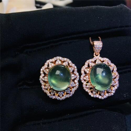PROCOGEM Vintage Natural Prehnite Jewelry sets for women Party 10x12mm Big Genuine Gems Necklace Ring 925 Sterling silver #556