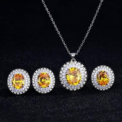 QTT Classic Women Necklace Earring Ring Set 925 Silver Jewelry Oval Zircon Pendant Jewelry Set for Wedding Engagement Party