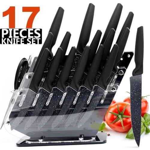 17PCS Acrylic Knife Set Professional Kitchen Stainless Steel Sharp Chef Knife Set Block Steak Knives Non-Slip Handle Scissors