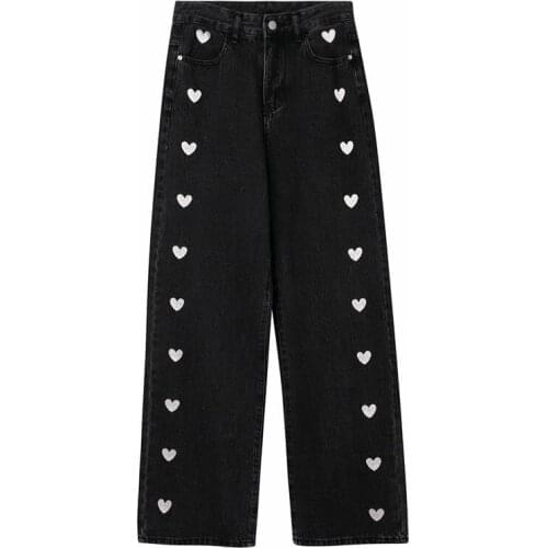 New Jeans for Women College Style Jeans Cartoon Love Pattern Embroidery Jeans Vintage Washed Jeans Cotton Casual Wide Leg Pants