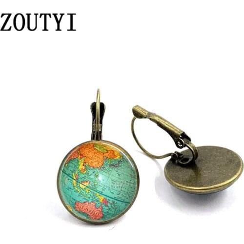 New/glamour fashion world globe pattern photos, convex glass inlay earrings, feminine decoration