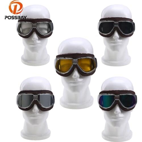 POSSBAY Helmet Goggles Windproof Motorcycle Goggle Vintage Pilot Biker Leather for Motorcycle Bike ATV Glasses Skiing Eyewear