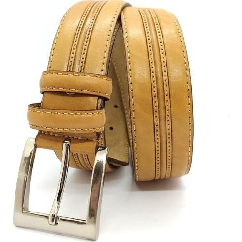 Genuine Soft Leather Handmade Beige Man Belt High Quality Calfskin Pants Metal Buckle For Casual Gift For Valentines Day