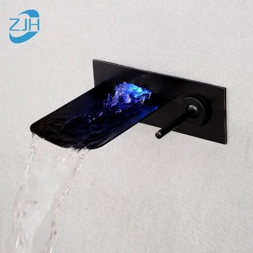 Luxury LED Black Basin Faucet Water Bathroom Faucet Install On the Wall Water Flow Produces Electricity Waterfall Tap