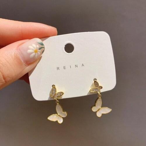 2020 Korea Best Selling Fashion Jewelry Double Butterfly Shell Copper Inlaid Zircon dangle Earrings Elegant Female Earrings