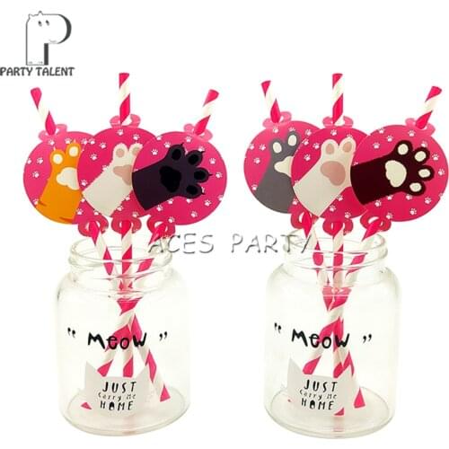 Party supplies 12pcs Cute Cat Pets Footprints Paws theme straws party decoration biodegradable paper straw tube eco friendly