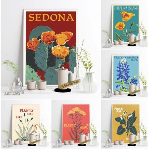 Flowers Exhibition Vintage Poster Catalina Island Poppy Sedona Cactus Fredericksburg Texas Lavender Wall Picture Plant Art Decor