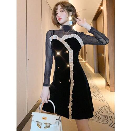 Turtleneck glitter silver silk bottoming shirt + double-breasted suspender skirt with wooden ears two-piece 2020 autumn new