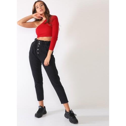 Women, Jeans, Comfortable, High Waist, Buttoned, Elastic Waist, Black, Full Length, Solid Color, Cotton Denim Trousers, 2021