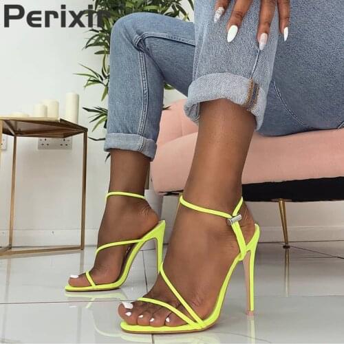 Women Neon black orange green pink lycra Strappy toggle heels pointed toe thin heels sandlas fashion new arrival solid shoes