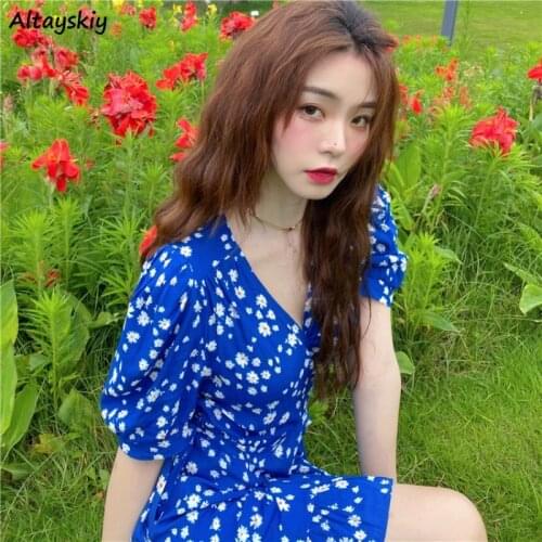 Dresses Women Puff Sleeve Fashion Holiday Sexy Female Students All-match Loose Sweet Girls Simple Korean Style Vintage Cozy Ins