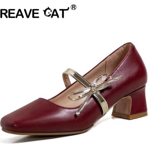 REAVE CAT New 2021 Women Pumps Square Toe 4.5cm Block Heels Buckle Bowtie Stylish Breathable Vintage Big Size 43 Casual A3836