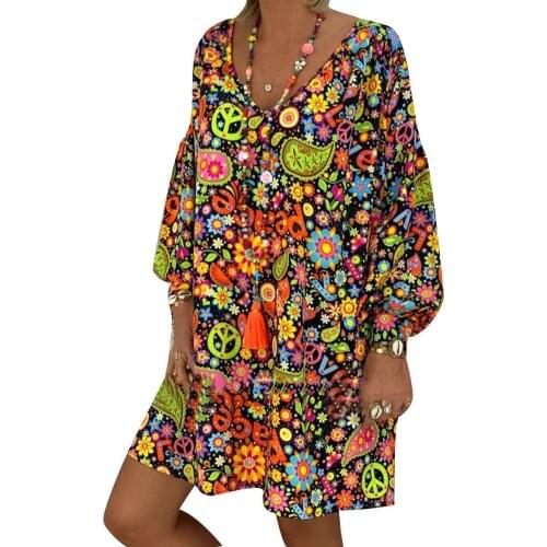 Fashion Travel Holiday Summer Beach Women Clothing Casual Colorful Long Puff Sleeve V Neck Loose Sundress Dress Fit For Lady