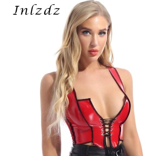 Womens Pole Dance Sexy Crop Top Lace-up Front Patent Leather Rave Clothes Wet Look Shiny Sleeveless Tank Top Short Vest Clubwear