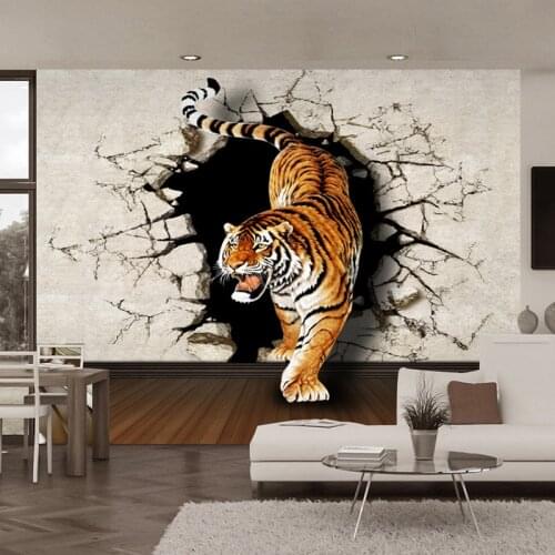 3D Stereo Lifelike Tiger Broken Wall Photo Mural Wallpaper Living Room Dining Room Modern Personality Decor Non-Woven Wallpapers