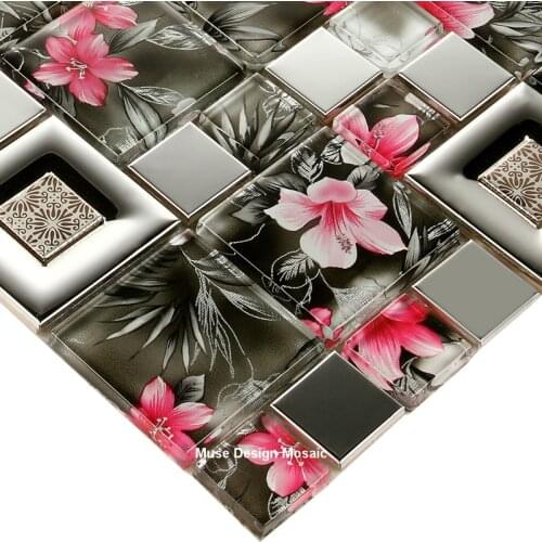 European Stainless Steel Crystal Glass Mosaic Tile, Kitchen Waist Bathroom Porch black Red Flower wall stickers mosaic