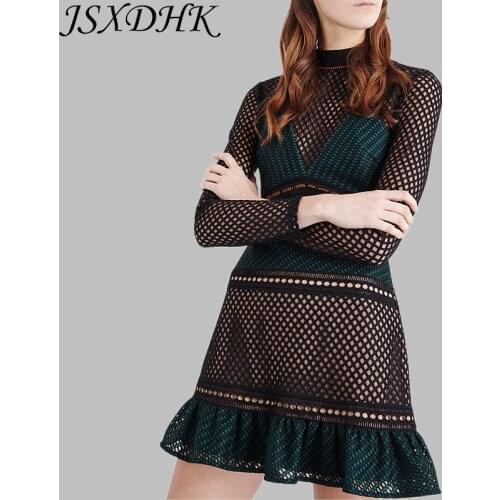 JSXDHK Sexy 2019 Autumn Women Party Dress Self Portrait Runway Black Green Patchwork Long Sleeve Lace Hollow Out Mermaid Dresses