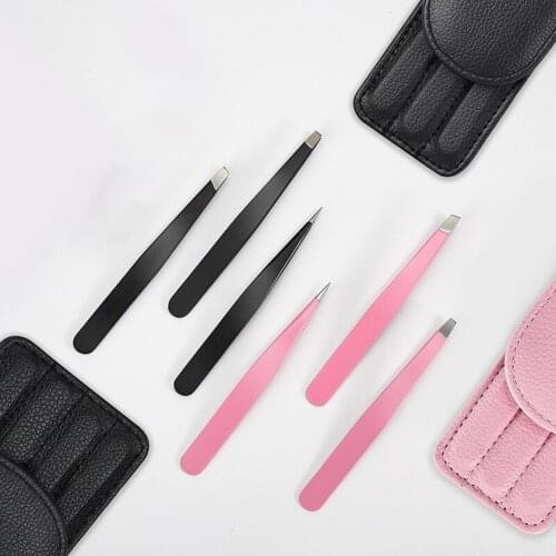 3pcs Black Eyebrow Tweezers Set With PU Storage Bag Stainless Steel Hair Removal Makeup Tools Kit Point Tip Blackhead Clips