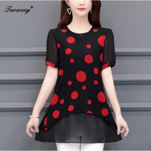 Summer style Polka Dot Chiffon short Sleeve Plus Size Womens Tops And Blouses 5XL Red Black Ladies Office Shirts