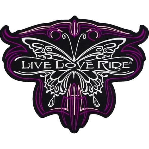 LIVE LOVE RIDE LADY Biker butterfly iron on BACKING Embroidered motorcycle patch to jeans jacket