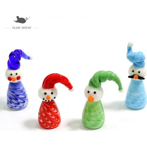 Mini Handmade Glass Christmas Snowman Craft Figurine Four Different Colors Cute Cartoon Images Xmas Home Table Decor Accessories