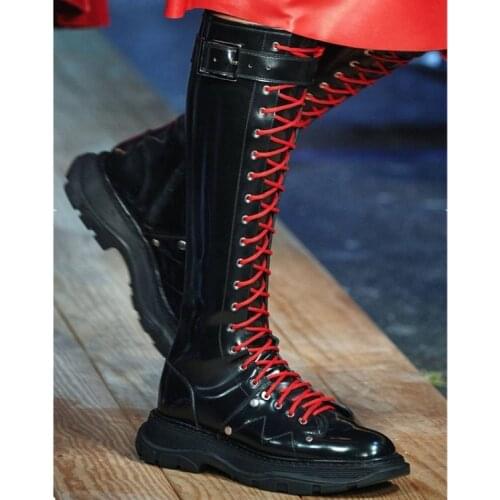 Fashion Women Punk Style Metal Buckle Rivets Studs Black Leather Knee Boots Knight Boots Platform sole Lace up Long Boots Shoes