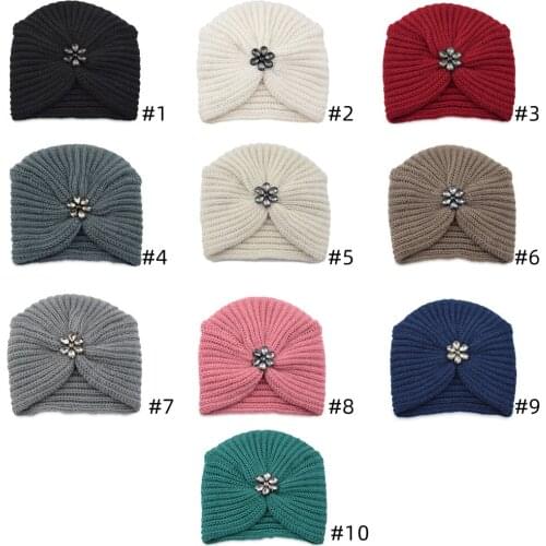 KENSHELLEY Bohemian Style Autumn And Winter New Diamond Crystal Flower Wool Knitted Hat Headgear