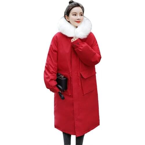Ladies X-Long Winter Big Pocket Hooded Windproof Down Jacket With Fur Collar Oversized Cotton Pad Coat