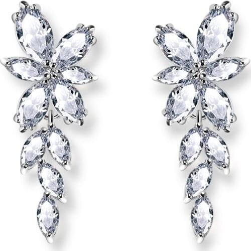 Luxury Marquise Cut Cluster Flower Zirconia Crystal Long Dangle Drop Earrings Shiny Leaf Bridal Wedding Jewelry for Women EP167