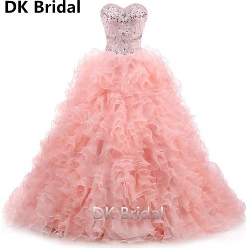 Pink 2019 Quinceanera Dresses Ball Gown Sweetheart Organza Beaded Crystals Long Sweet 16 Dresses Debutante Vestidos De 15 Anos