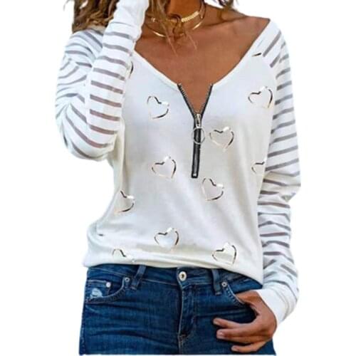 Womens Printed T Shirt V Neck Zipper Casual Loose Long Sleeve Top Tshirt 2021 New Spring Autumn Fashion Sexy Plus Size Clothing