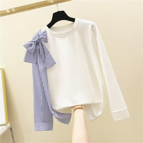 Womens O Neck Beautiful Stripe Bow Long Sleeves Patchwork T-Shirt Tee 2020 Female Pullover Casual Tops Tees A2749