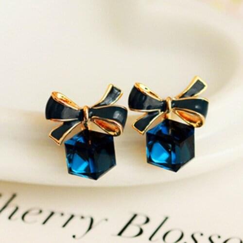 Bowknot Earrings Cube Blue Crystal Stud Earrings For Women Brincos Earing Prevent Allergy Earring Oorbellen Exquisite Jewelry