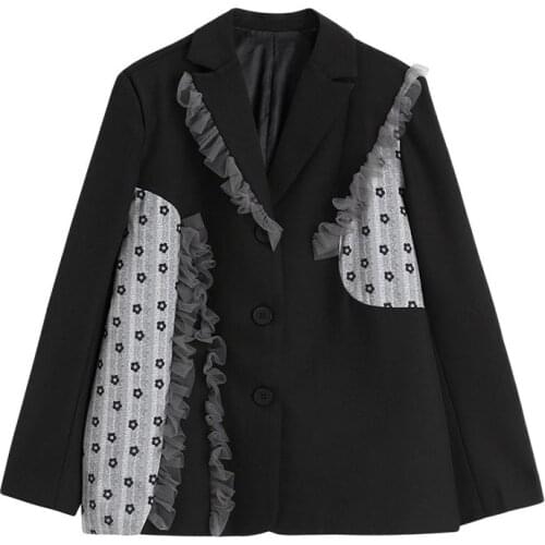 Women Ruffled Patchwork Casual Single Button Blazer Coat Vintage Long Sleeve Suit Jacket Office Loose Female Outerwear Chic 2021