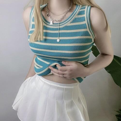 Women Knit Tank Tops, Adults Summer Sleeveless Color Block Striped Round Neck Pullover