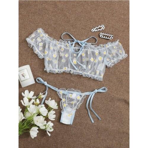 Porno Sexy Lingerie Women Panties Seamless Erotic Sets Embroidery Lace Bowknot Strapless Bra Thong Set Sleepwear Pajamas