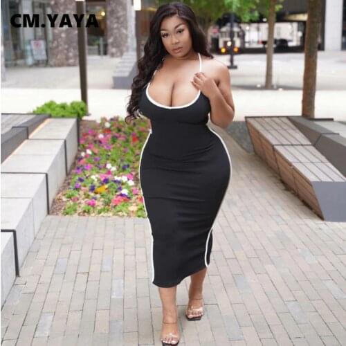 CM.YAYA Women Dress Solid Sleeveless Strap Bandage Hollow Out Strechy Bodycon Splited Maxi Midi Dresses Fashion Outfits Summer