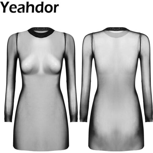 S-L Women Sexy Mesh Sheer Bikini Bodysuit Cover Up Swimwear Bathing Suit Beach Dress See Through Dress with Long Sleeve