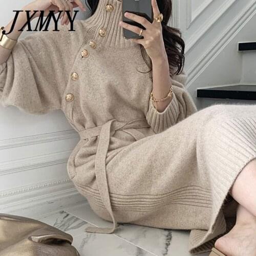 JXMYY 2021 Autumn And Winter Fashion New Products Retro High-Neck Chic Buttons Two-Wear Waist Knit Dress Women