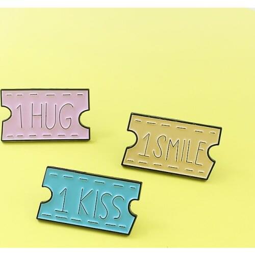 1 SMILE,1 HUG,1 KISS Placard Slogan Brooch Simple Pink yellow and Blue Enamel Pins Valentines Day Jewelry Rectangle Brooches