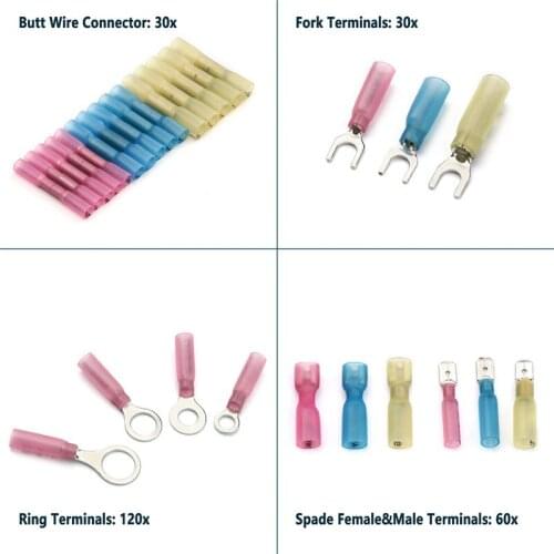 240PC Waterproof Heat Shrink Splice Connector Set Electrical Wire Ring Spade Fork Crimp Terminal Red Blue Yellow Assortment Kit