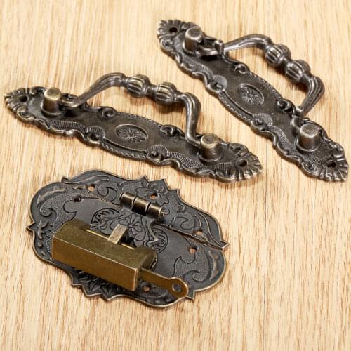 4pcs/set Chinese old Lock+Vintage Handle Knob+Latch Hasp Lock Clasp Antique Brass Bronze Decor Box Cabinet Furniture fittings