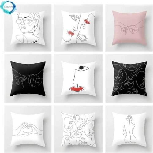 Abstract Art Portrait Couple Black and White Printed Polyester Throw Pillow Cover Square Home Decoration Pillowcase 45X45CM