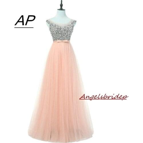 Angelsbride Scoop Neck Evening Dresses 2021 Charming Crystals Floor-Length Tulle Abendkleider Pageant Dresses Women Party Gowns